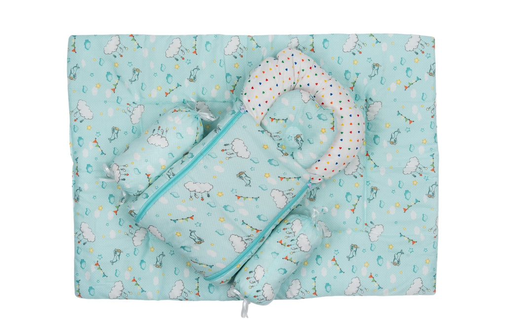 8-Piece Baby Bedding Set with Mosquito Net & Blanket – Cloud Pattern (Green)
