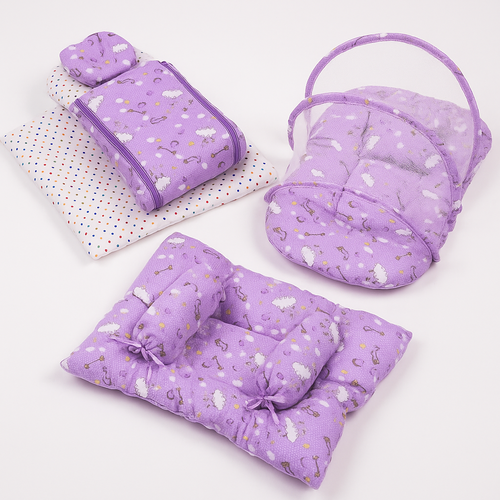 8-Piece Baby Bedding Set with Mosquito Net & Blanket – Cloud Pattern (Purple)