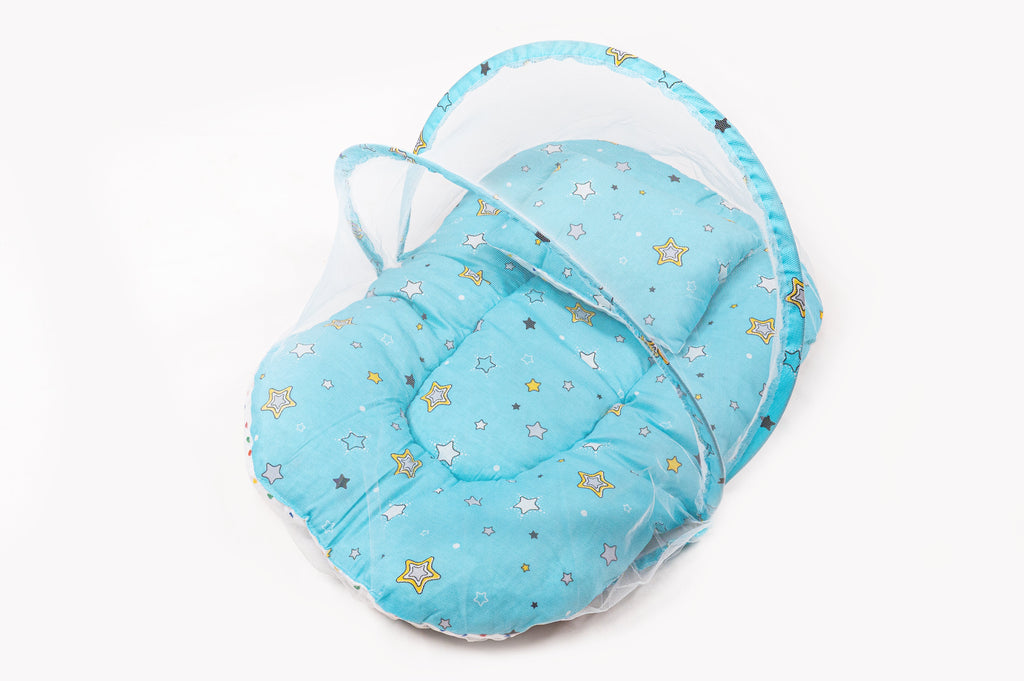 8-Piece Baby Bedding Set With Mosquito Net & Blanket – Star Print (Sky Blue)