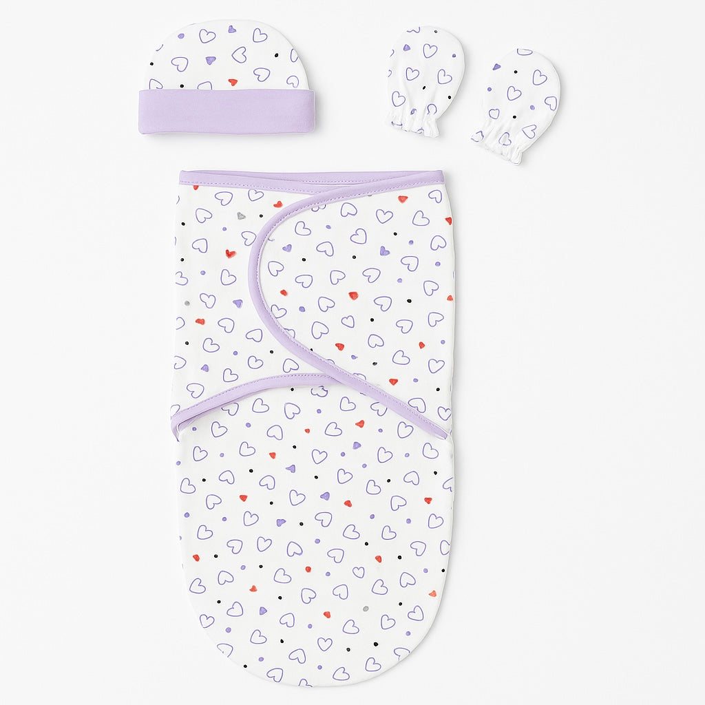 Baby Swaddle with Cap & Mittens Set – Interlock Cotton Newborn Wrap