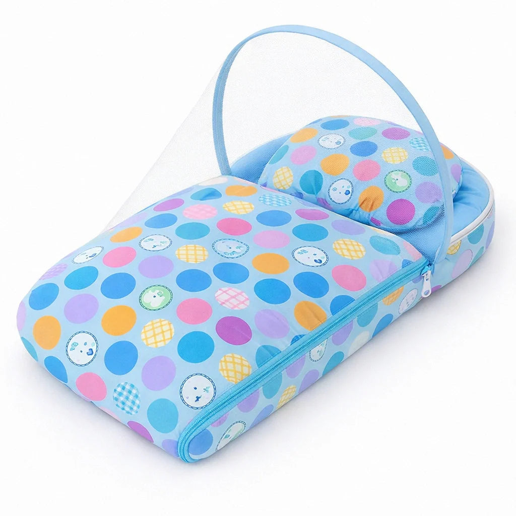 Baby Carry Nest with Mosquito Net – Blue Multicolor Polka Dot