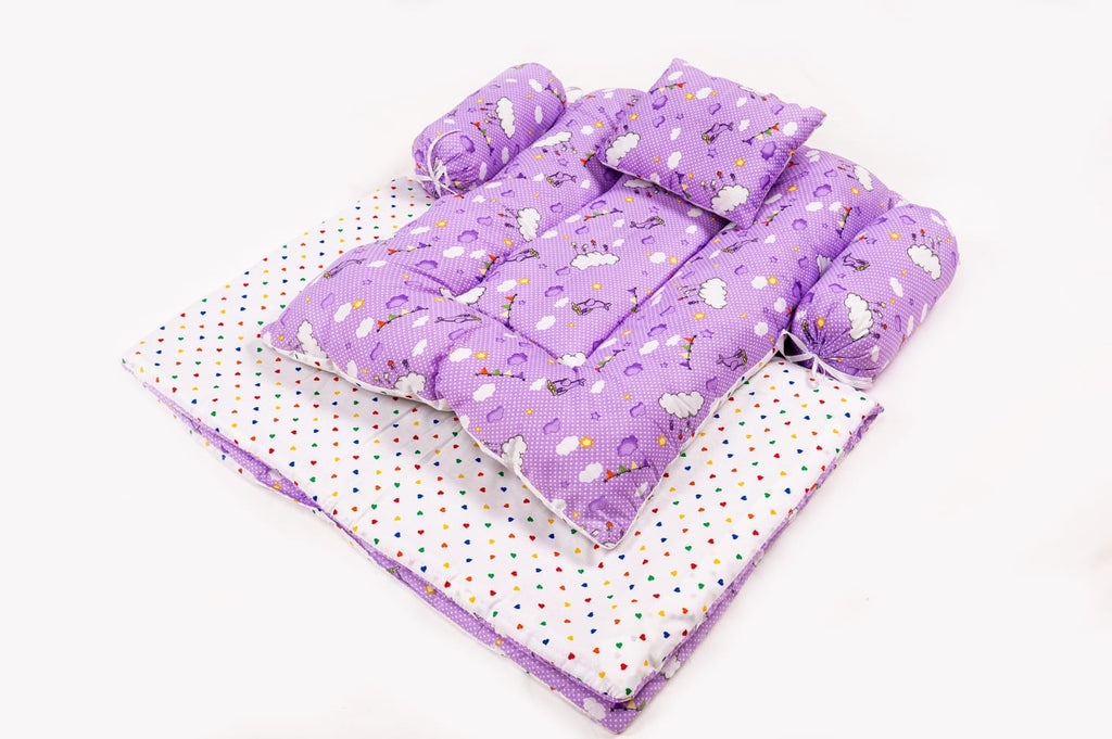 8-Piece Baby Bedding Set with Mosquito Net & Blanket – Cloud Pattern (Purple)