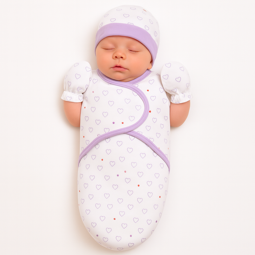 Baby Swaddle with Cap & Mittens Set – Interlock Cotton Newborn Wrap