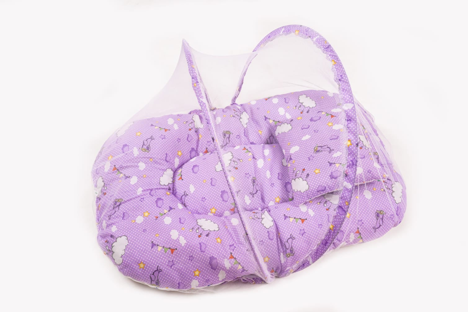 8-Piece Baby Bedding Set with Mosquito Net & Blanket – Cloud Pattern (Purple)