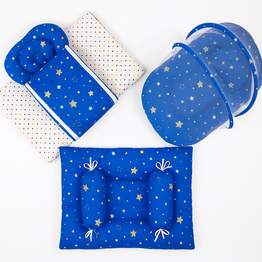 8-Piece Baby Bedding Set With Mosquito Net & Blanket – Star Print (Blue)