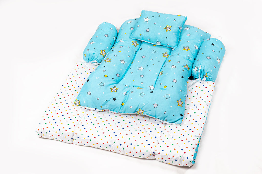 8-Piece Baby Bedding Set With Mosquito Net & Blanket – Star Print (Sky Blue)