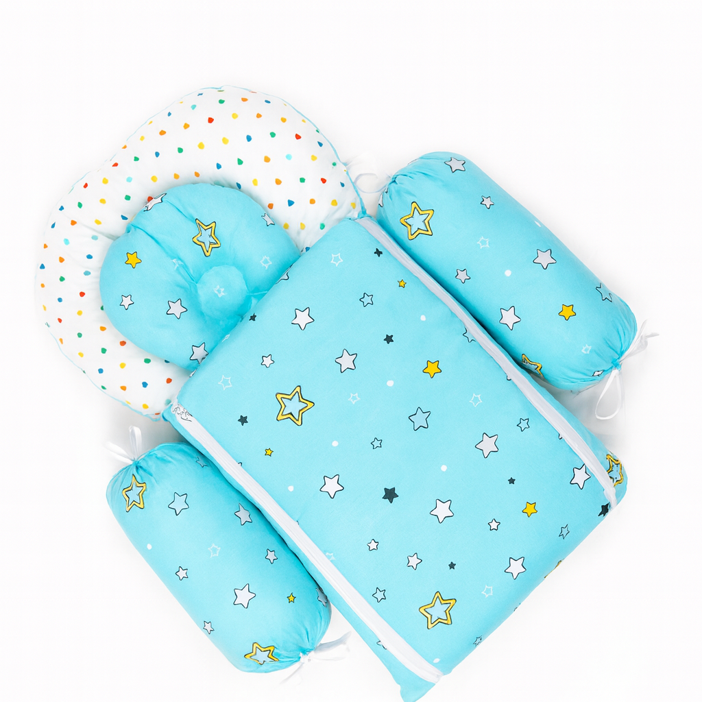 8-Piece Baby Bedding Set With Mosquito Net & Blanket – Star Print (Sky Blue)