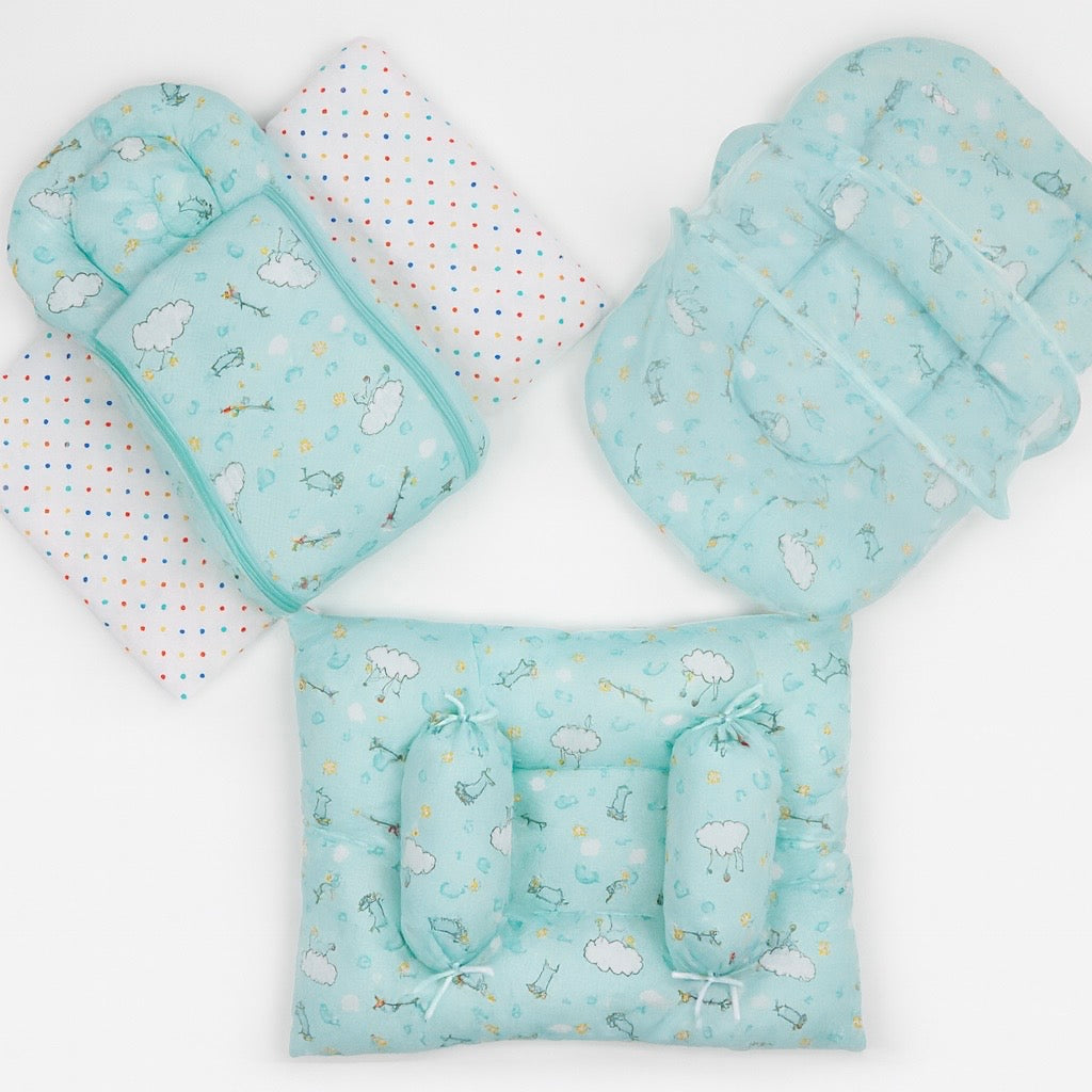 8-Piece Baby Bedding Set with Mosquito Net & Blanket – Cloud Pattern (Green)