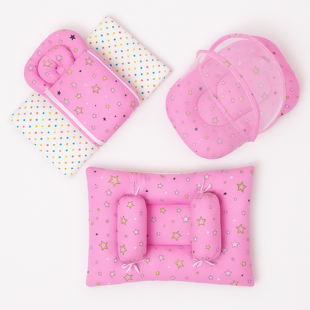 8-Piece Baby Bedding Set With Mosquito Net & Blanket – Star Print (Pink)