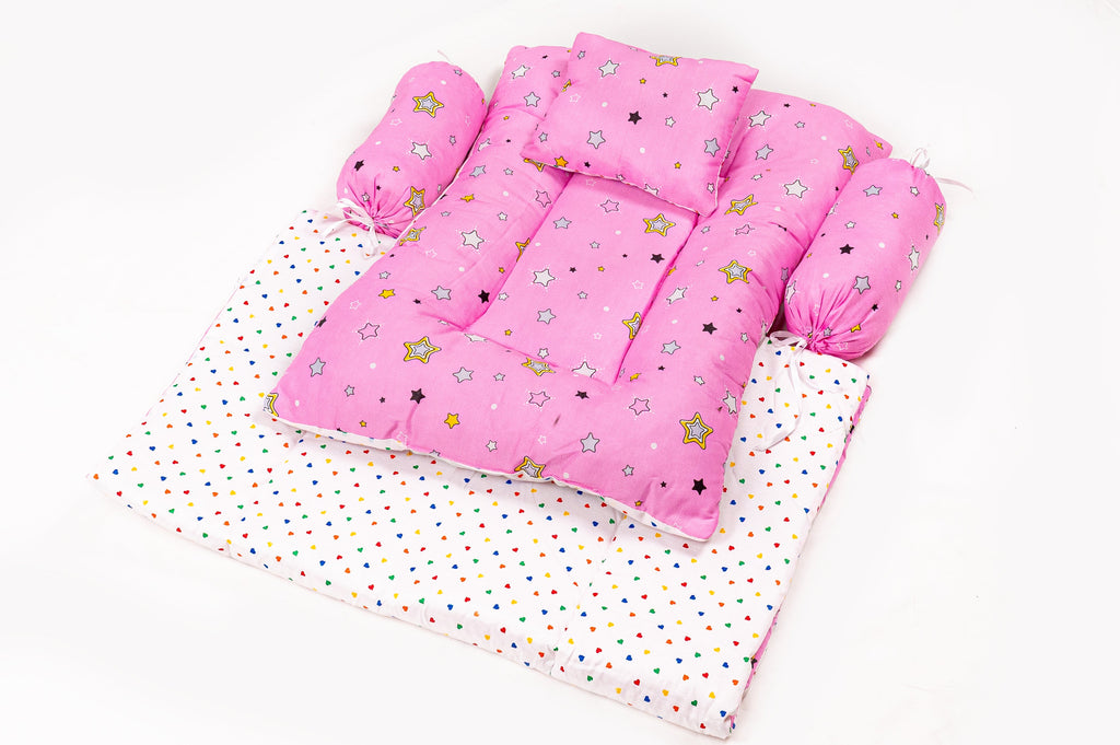 8-Piece Baby Bedding Set With Mosquito Net & Blanket – Star Print (Pink)