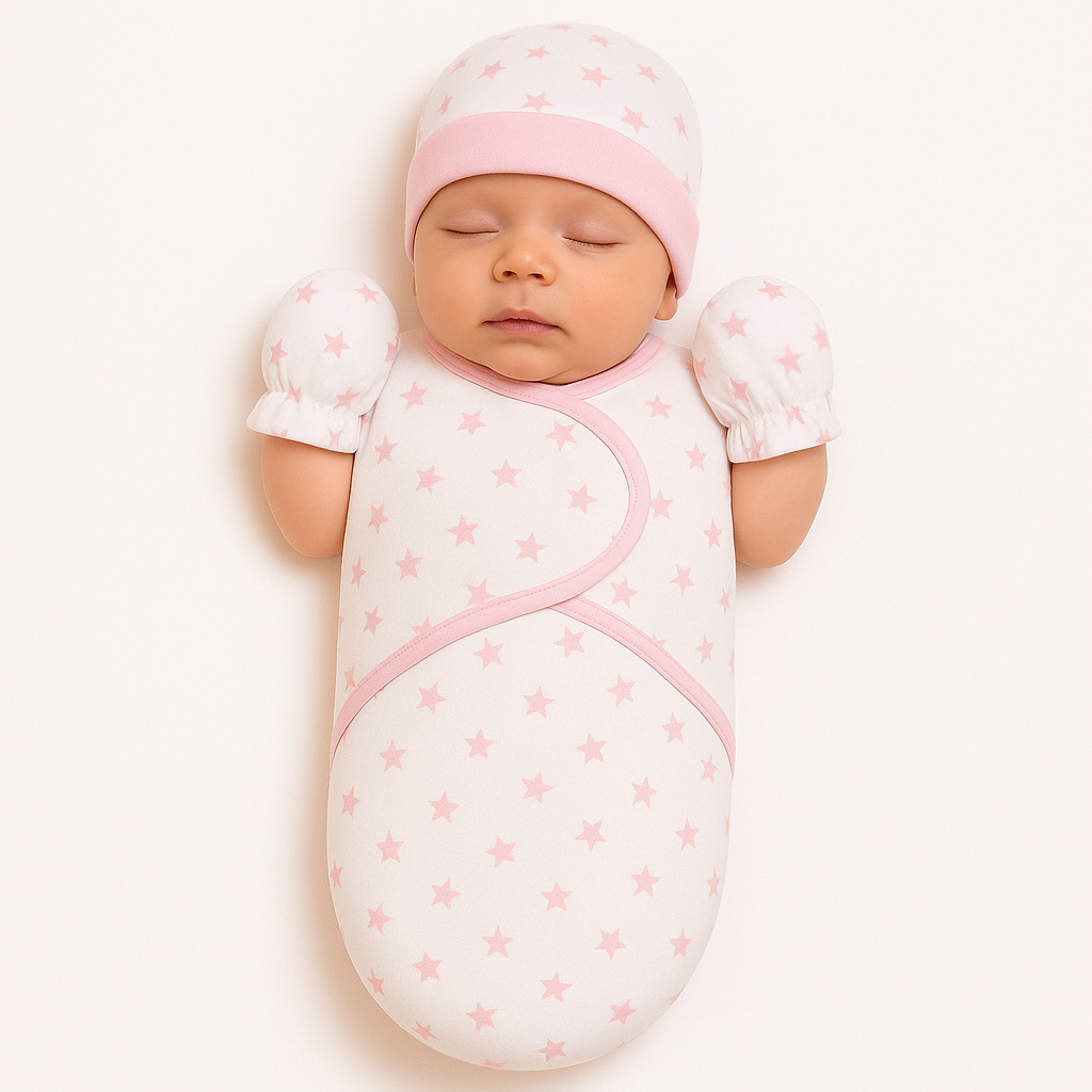 Baby Swaddle with Cap & Mittens Set – Interlock Cotton Newborn Wrap