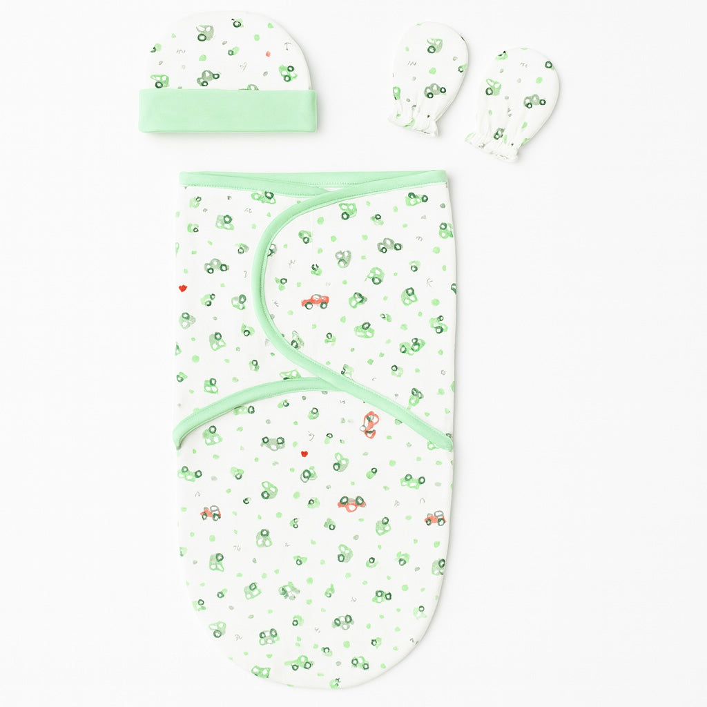 Baby Swaddle with Cap & Mittens Set – Interlock Cotton Newborn Wrap