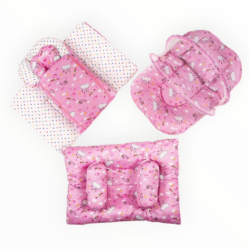 8-Piece Baby Bedding Set with Mosquito Net & Blanket – Cloud Pattern (Pink)