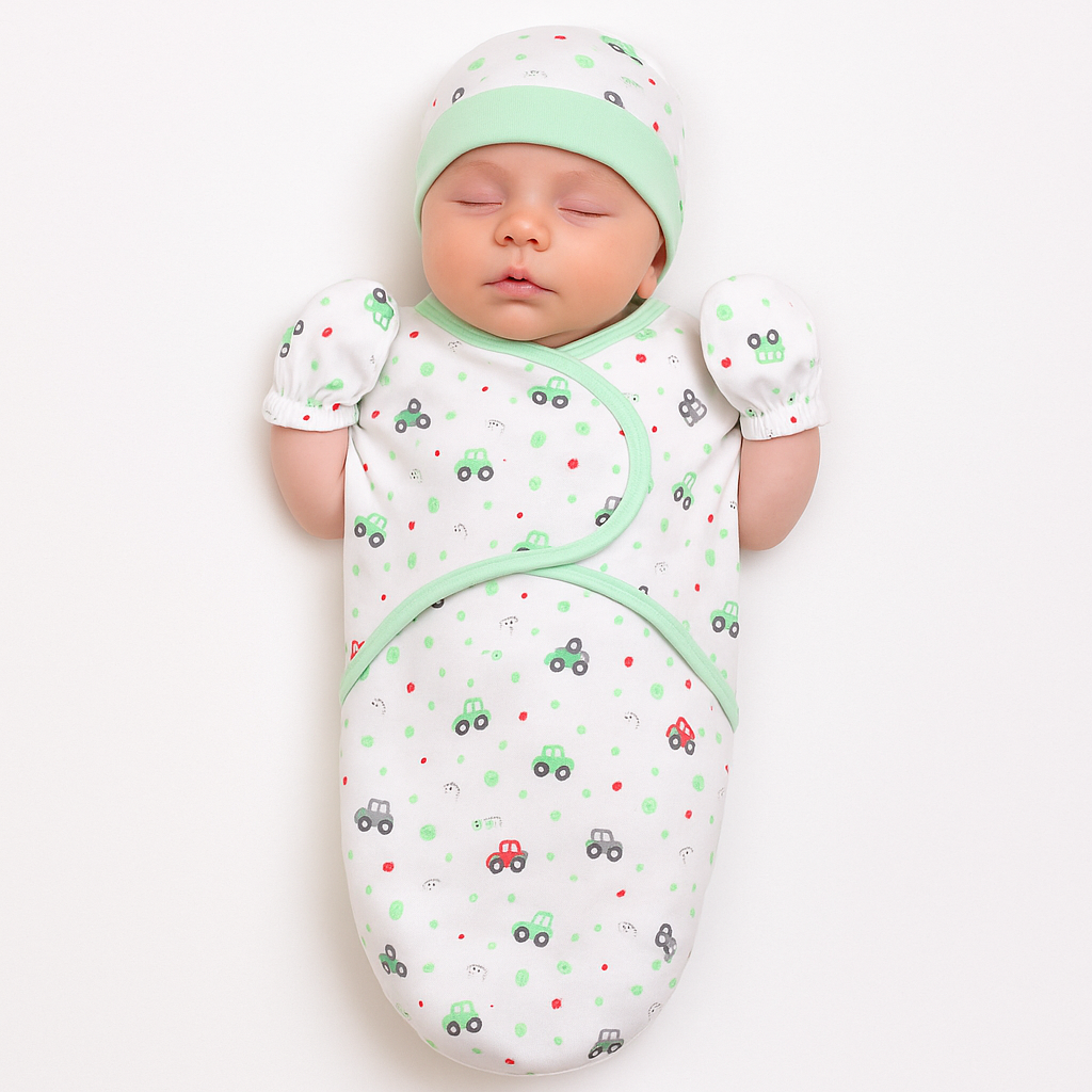 Baby Swaddle with Cap & Mittens Set – Interlock Cotton Newborn Wrap