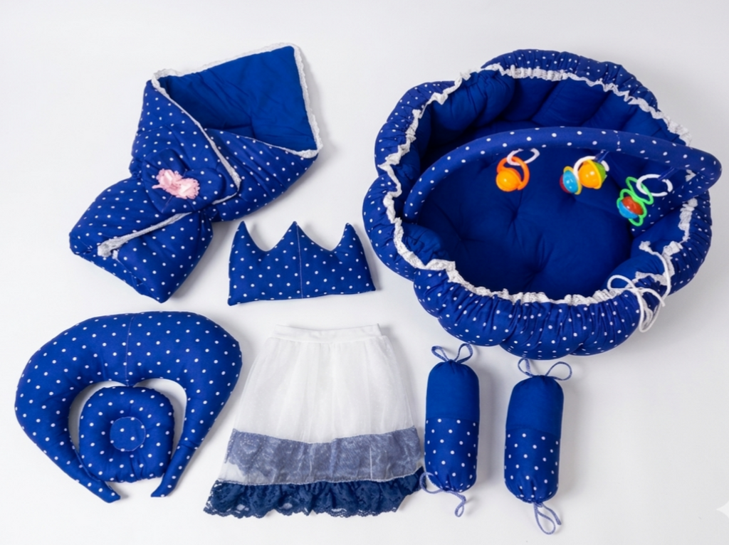 Polka Dot 11-Pc Baby Bedding Set | Infant Bedding Set With Carry Nest - Navy Blue.