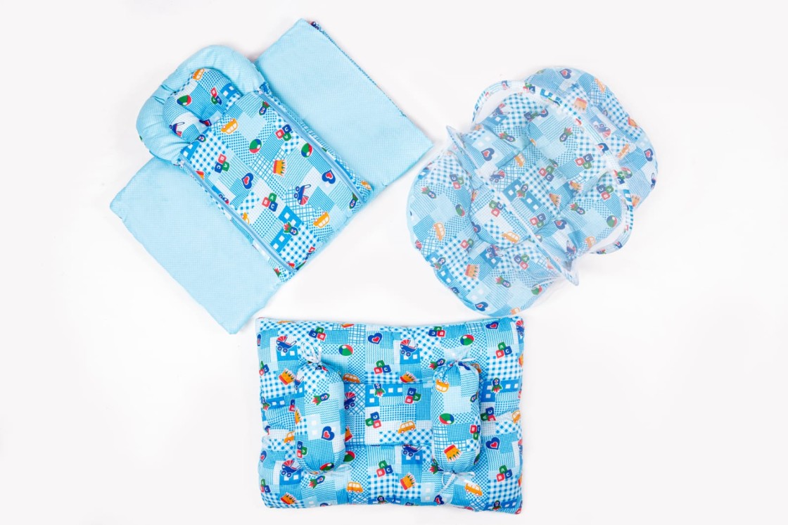 8 Pcs Newborn Baby Bedding & Carry Nest Set – Blue Cartoon Print