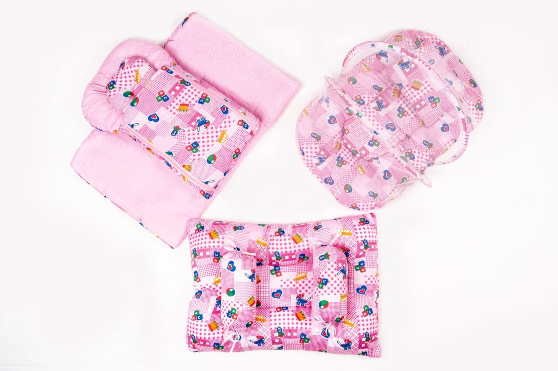 8 Pcs Newborn Baby Bedding & Carry Nest Set – Pink Cartoon Print