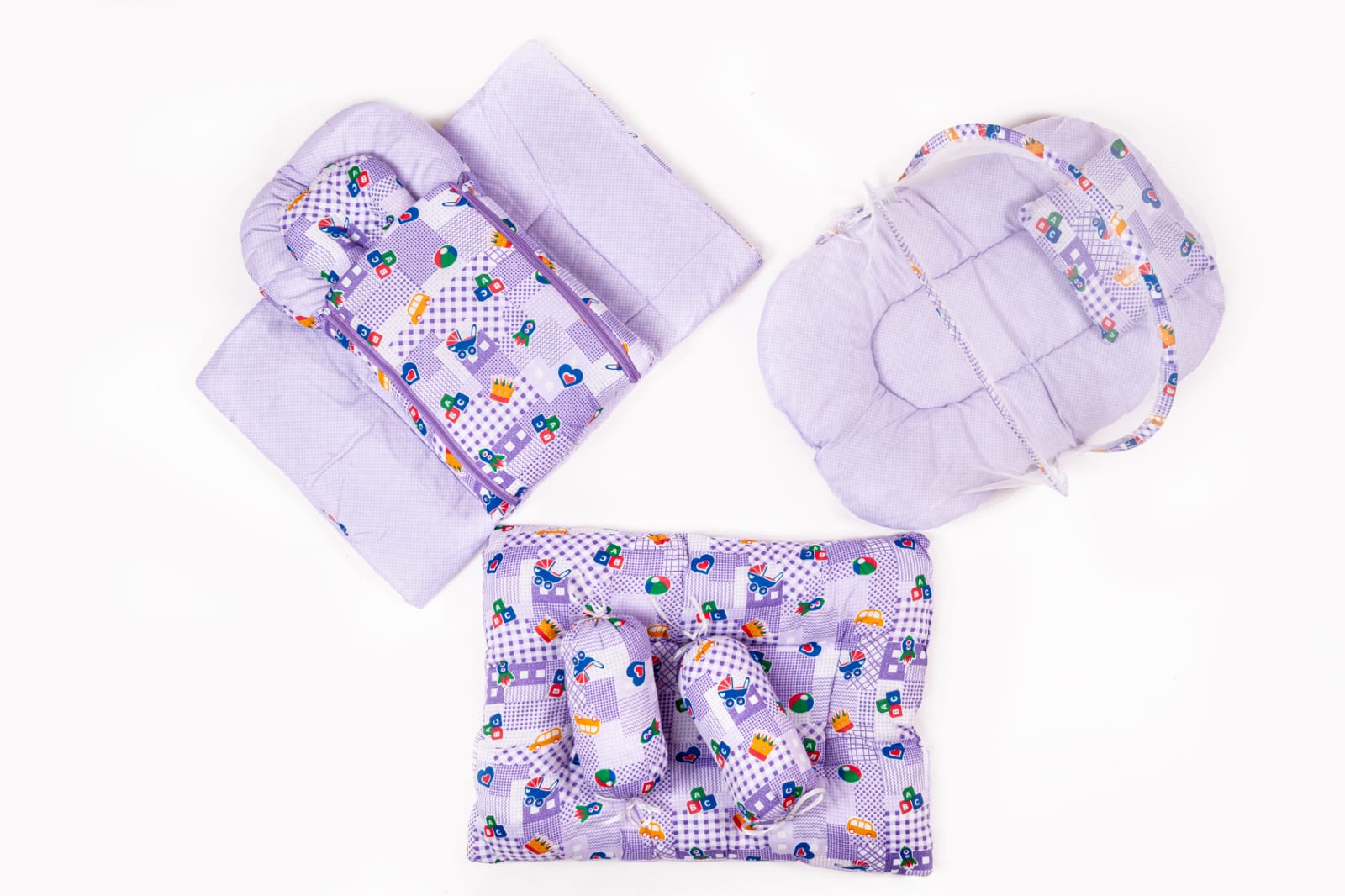 8 Pcs Newborn Baby Bedding & Carry Nest Set – Purple Cartoon Print