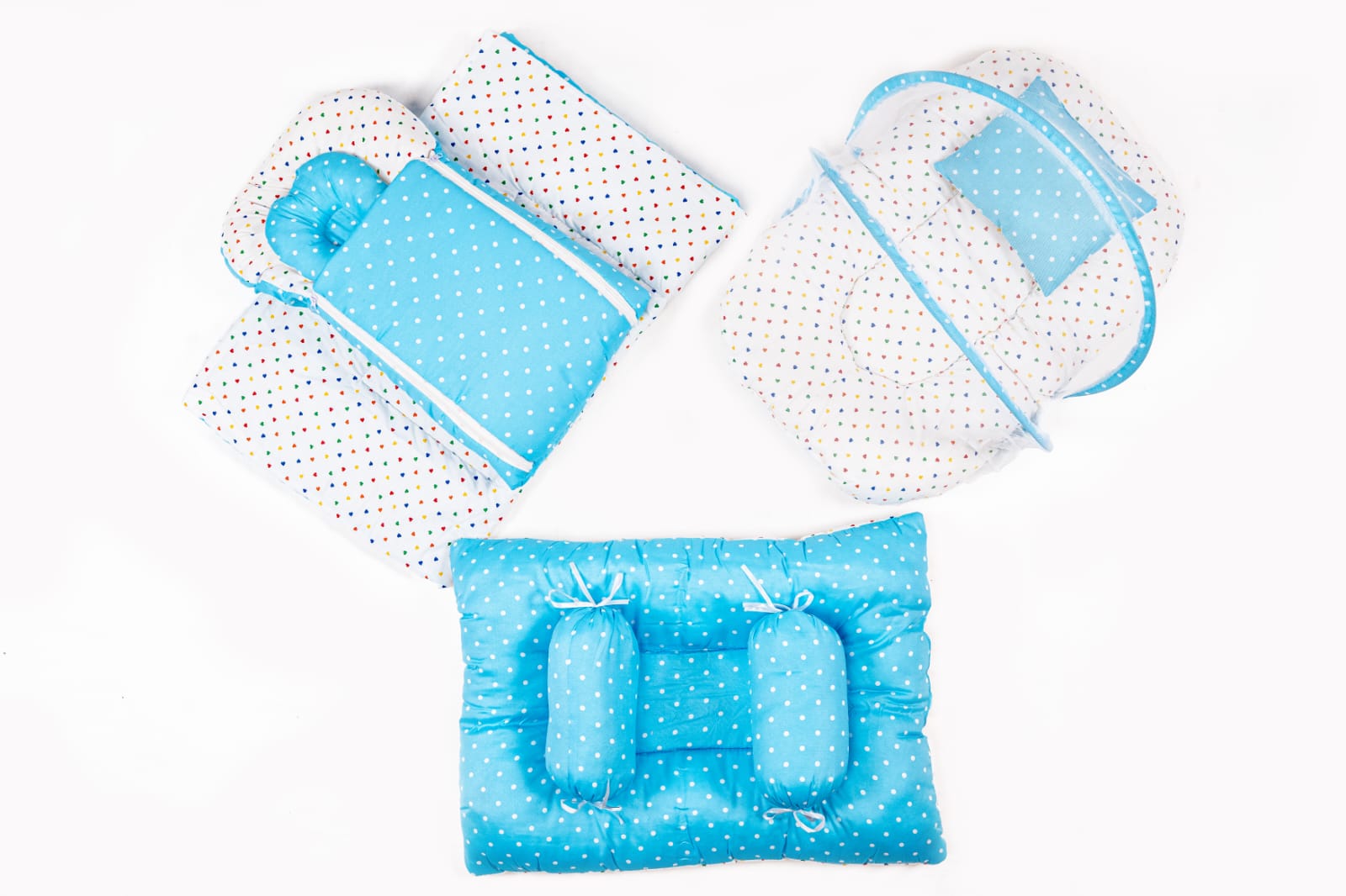 8 Pcs Newborn Baby Bedding & Carry Nest Set – Blue  Polka Dot