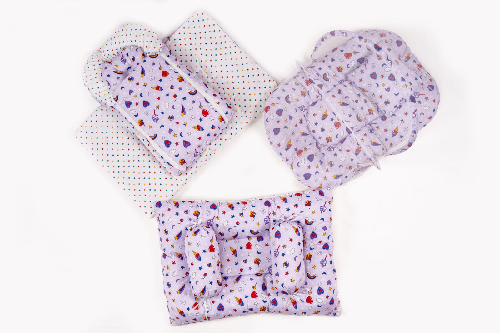 8 Pcs Newborn Baby Bedding & Carry Nest Set – Purple Rainbow Hearts