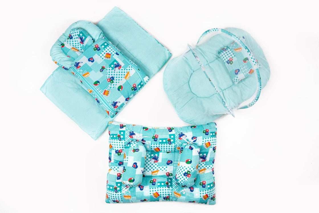 8 Pcs Newborn Baby Bedding & Carry Nest Set – Aqua Cartoon Print