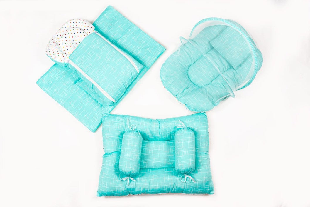 8 Pcs Newborn Baby Bedding & Carry Nest Set – Aqua Line Print