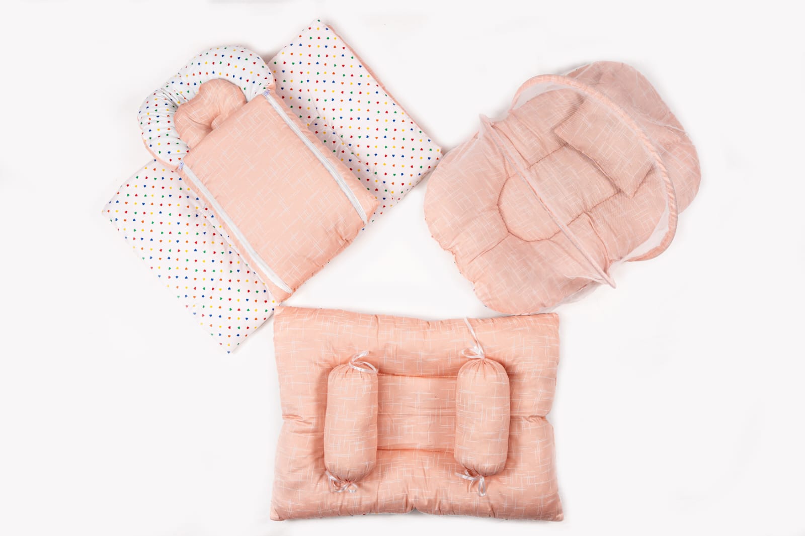 8 Pcs Newborn Baby Bedding & Carry Nest Set – Peach Line Print