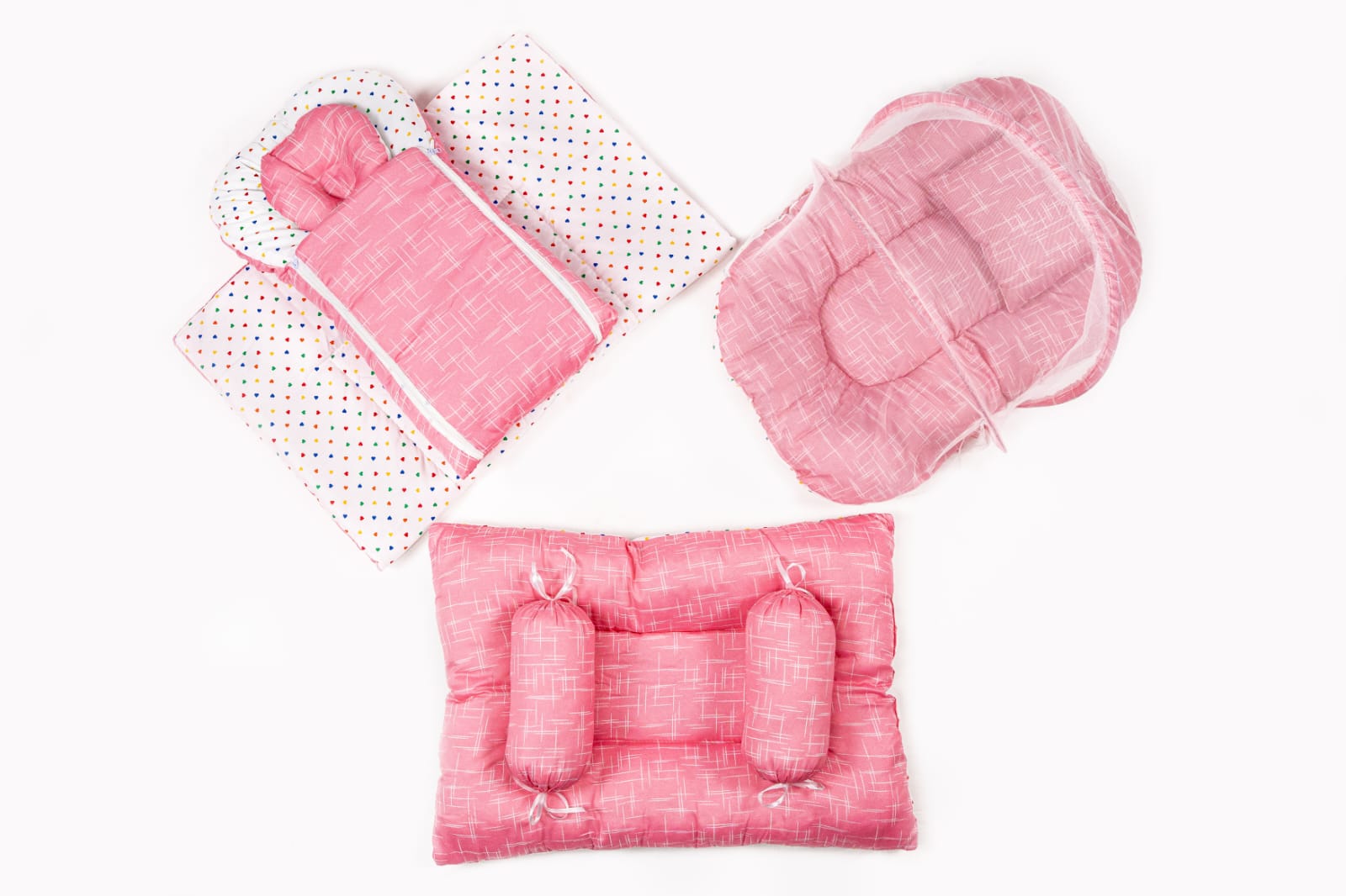 8 Pcs Newborn Baby Bedding & Carry Nest Set – Pink Line Print