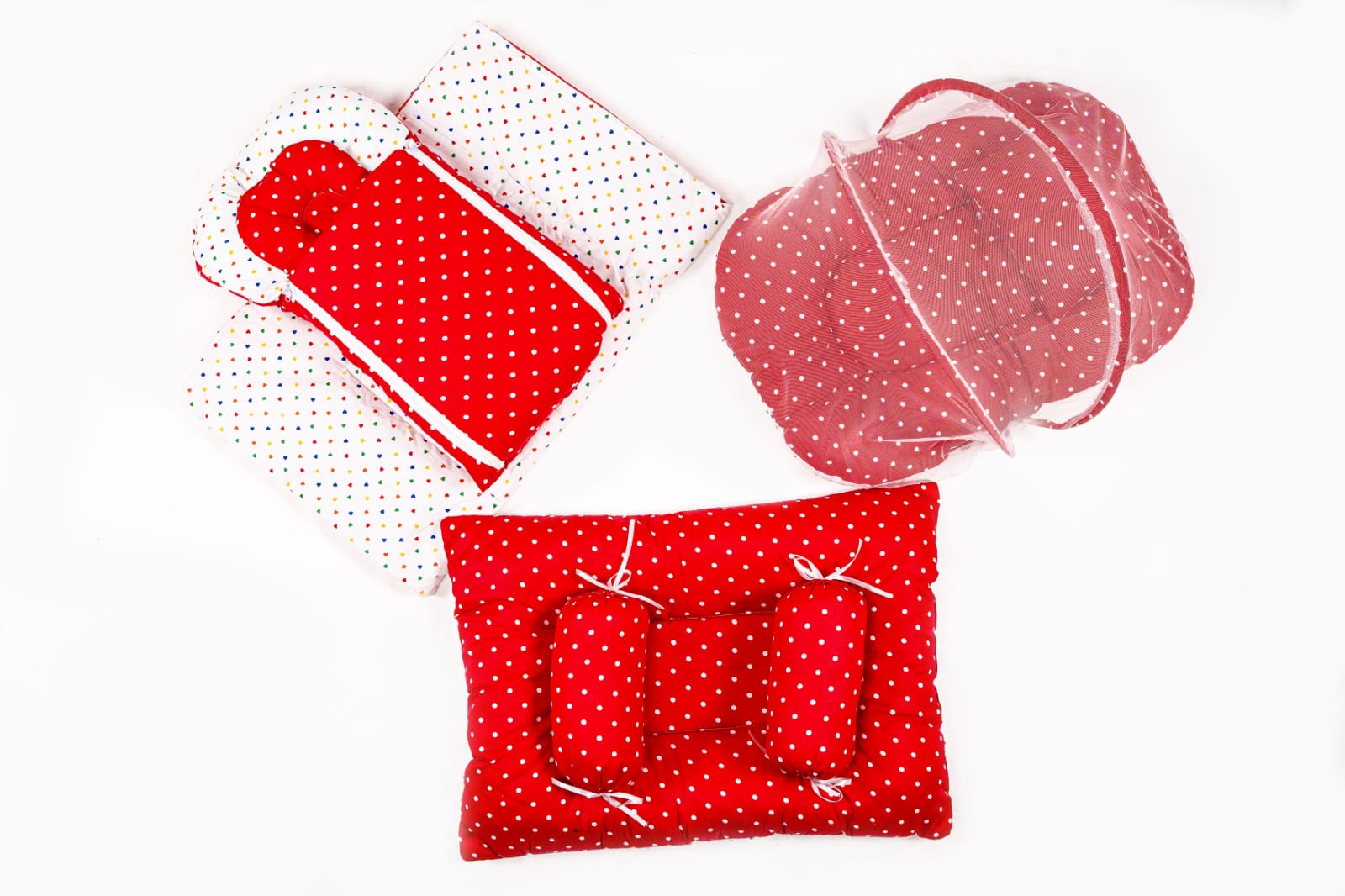8 Pcs Newborn Baby Bedding & Carry Nest Set – Red  Polka Dot  Print