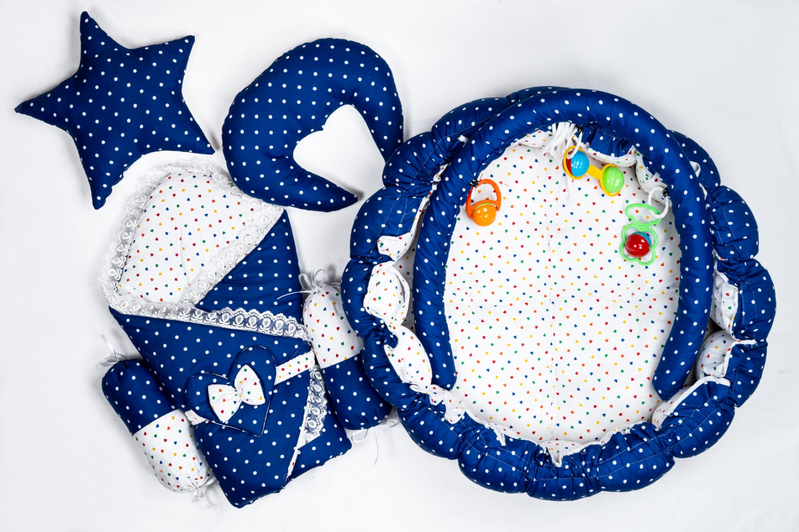 11 Pcs Newborn Baby Bedding & Carry Nest Set – Navy Polka Dot Theme