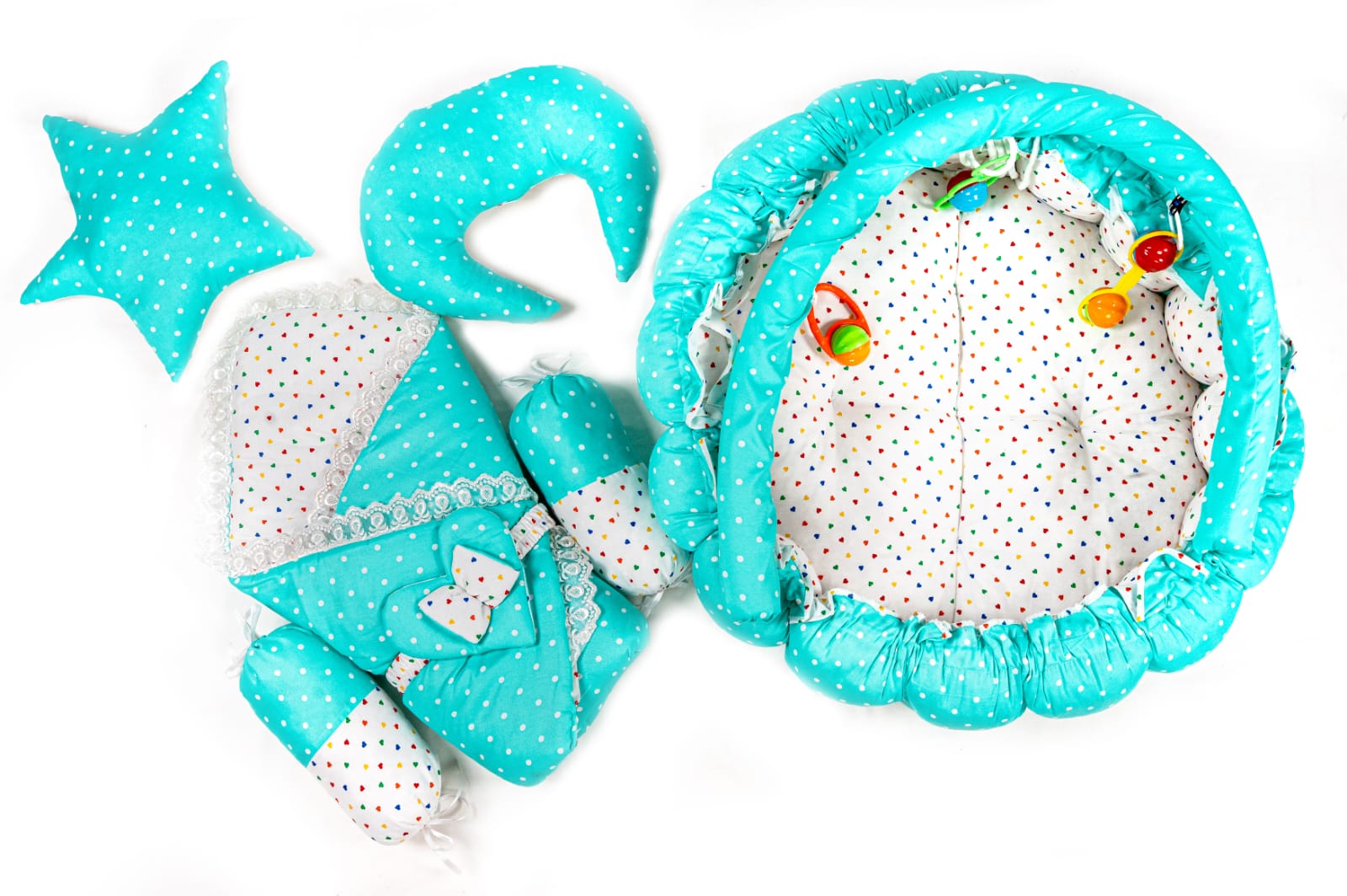 11 Pcs Newborn Baby Bedding & Carry Nest Set – Light Turquoise Polka Dot Theme