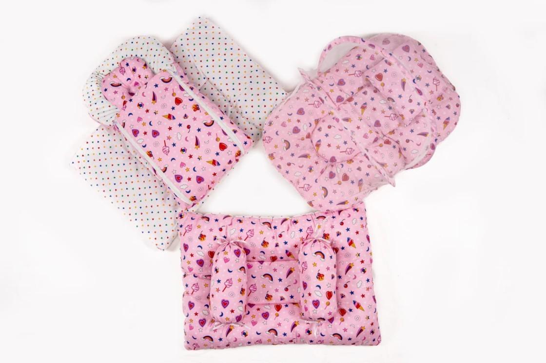 8 Pcs Newborn Baby Bedding & Carry Nest Set – Pink Rainbow Hearts