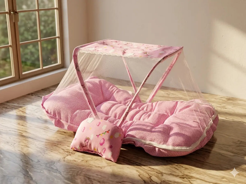 Mosquito Net - Net Bedding For New Born Kids | New Mom Gift | Pink Cloud Print
